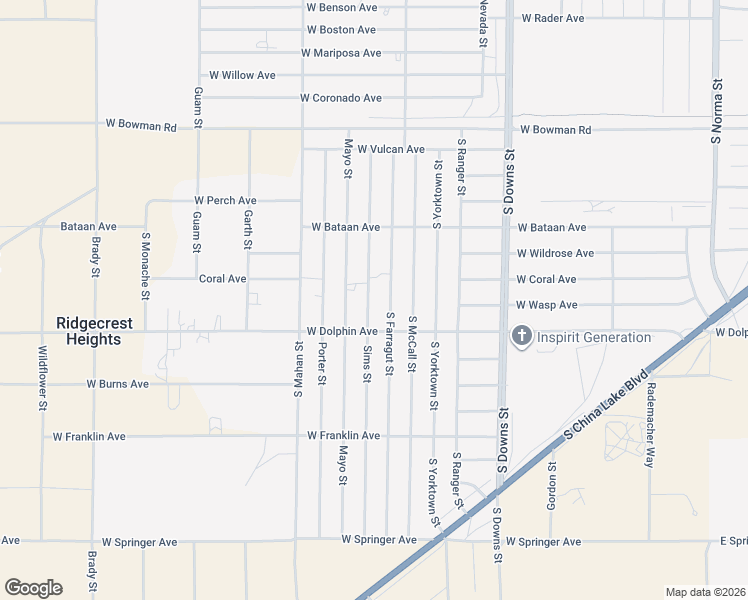 map of restaurants, bars, coffee shops, grocery stores, and more near 1145 South Farragut Street in Ridgecrest
