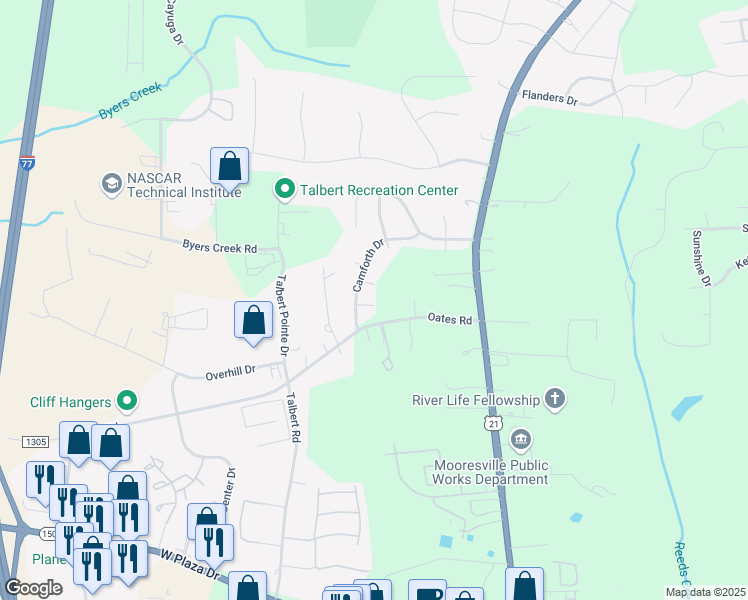 map of restaurants, bars, coffee shops, grocery stores, and more near 111 Red Arrow Place in Mooresville