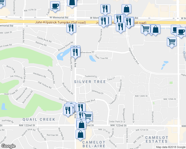 map of restaurants, bars, coffee shops, grocery stores, and more near 2733 Tealwood Drive in Oklahoma City