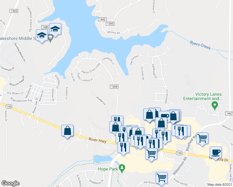 map of restaurants, bars, coffee shops, grocery stores, and more near 143 Ervin Road in Mooresville