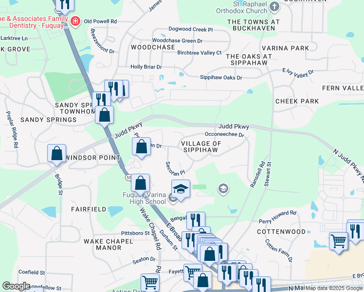 map of restaurants, bars, coffee shops, grocery stores, and more near 501 Powhatan Drive in Fuquay Varina