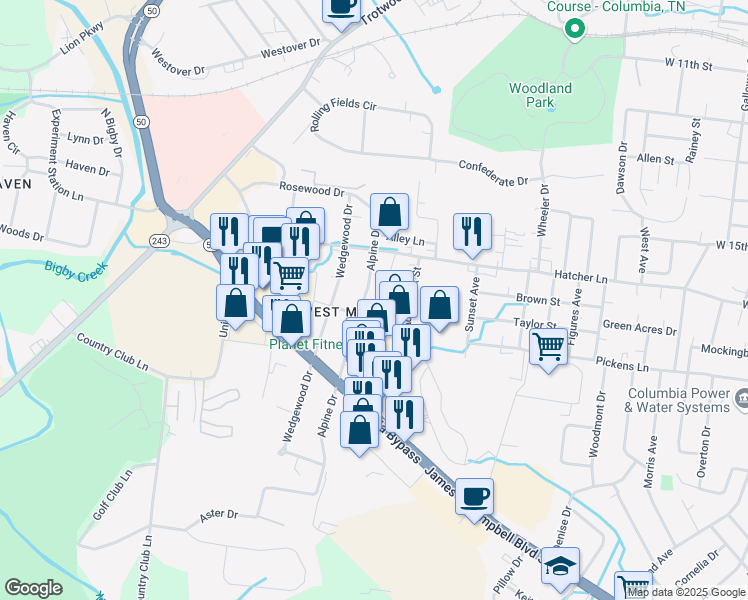 map of restaurants, bars, coffee shops, grocery stores, and more near 1807 Alpine Drive in Columbia