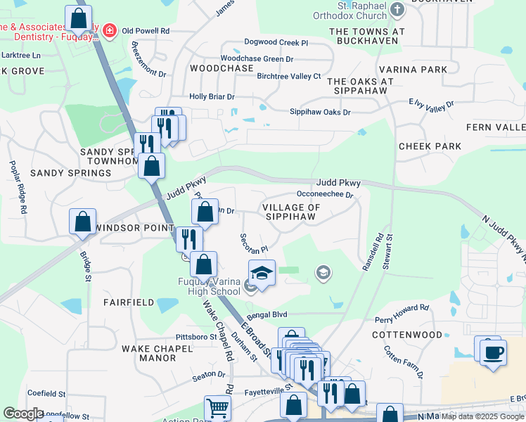 map of restaurants, bars, coffee shops, grocery stores, and more near 501 Powhatan Drive in Fuquay Varina