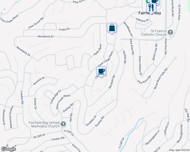 map of restaurants, bars, coffee shops, grocery stores, and more near 104 Chelsea Drive in Fairfield Bay