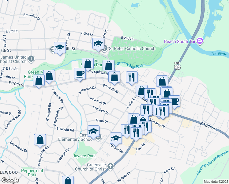 map of restaurants, bars, coffee shops, grocery stores, and more near 2808 Edwards Street in Greenville