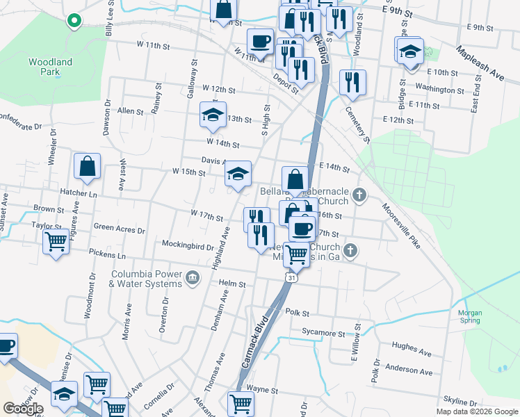 map of restaurants, bars, coffee shops, grocery stores, and more near 1605 South High Street in Columbia