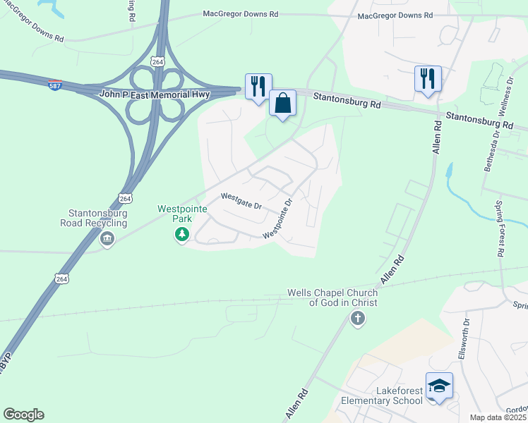 map of restaurants, bars, coffee shops, grocery stores, and more near 1400 Westpark Drive in Greenville