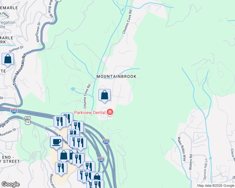 map of restaurants, bars, coffee shops, grocery stores, and more near 16 Rolling View Drive in Asheville
