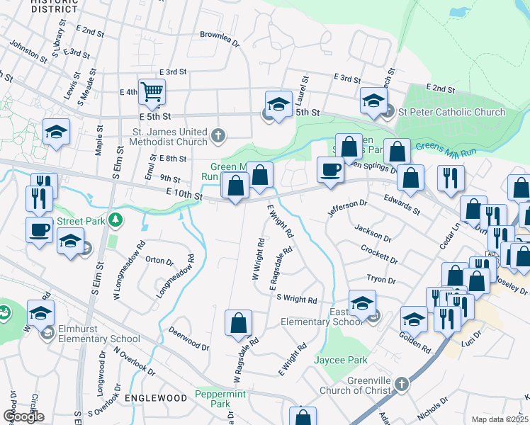 map of restaurants, bars, coffee shops, grocery stores, and more near 1002 West Wright Road in Greenville