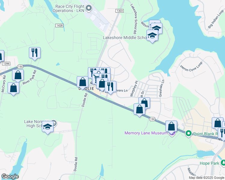 map of restaurants, bars, coffee shops, grocery stores, and more near 136 Dry Rivers Lane in Mooresville