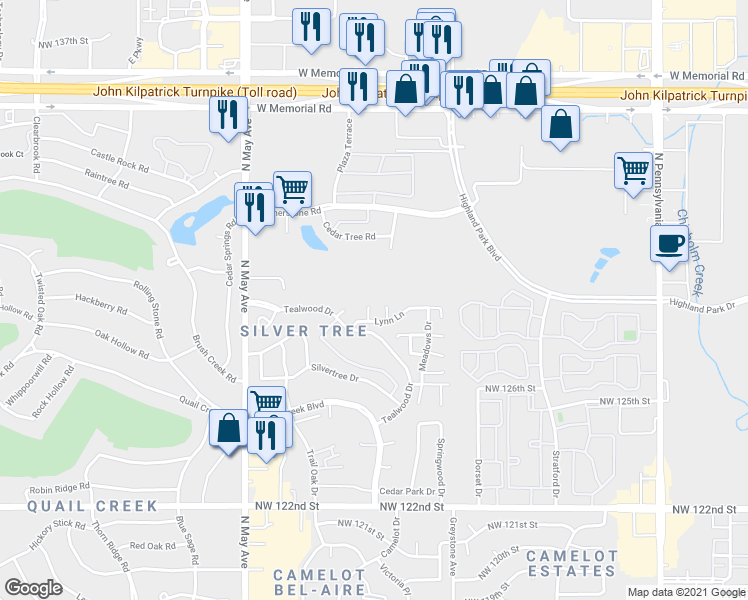 map of restaurants, bars, coffee shops, grocery stores, and more near 12920 Sue Court in Oklahoma City