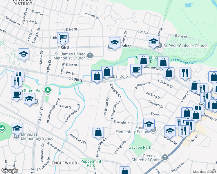 map of restaurants, bars, coffee shops, grocery stores, and more near 1003 East Wright Road in Greenville