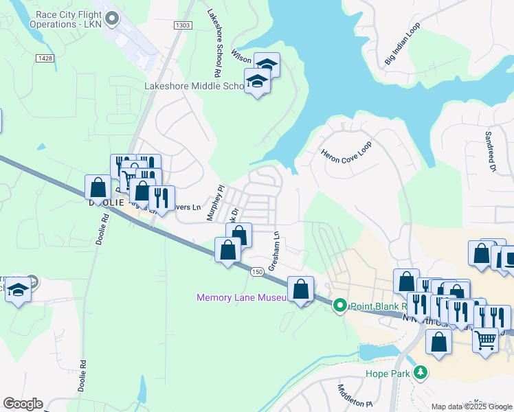 map of restaurants, bars, coffee shops, grocery stores, and more near 121 East Fenway Avenue in Mooresville
