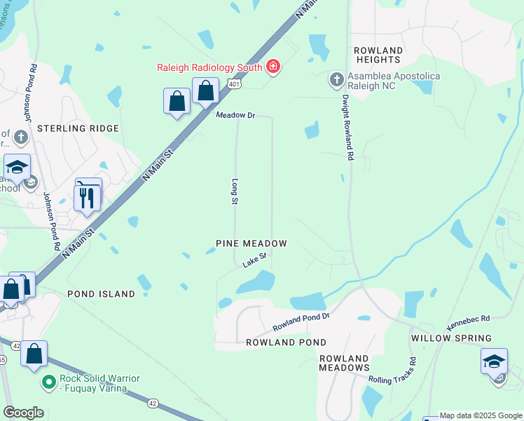 map of restaurants, bars, coffee shops, grocery stores, and more near 404 Meadow Drive in Fuquay-Varina