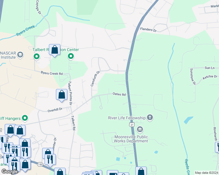 map of restaurants, bars, coffee shops, grocery stores, and more near 140 Oates Road in Mooresville