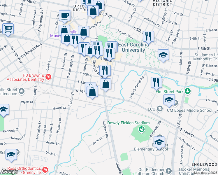 map of restaurants, bars, coffee shops, grocery stores, and more near 504 Boxelder Way in Greenville