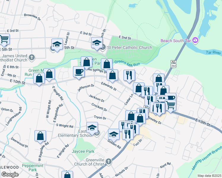 map of restaurants, bars, coffee shops, grocery stores, and more near 2806 Edwards St in Greenville