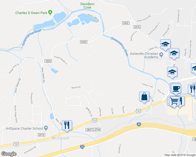map of restaurants, bars, coffee shops, grocery stores, and more near 189 Jordan Road in Swannanoa