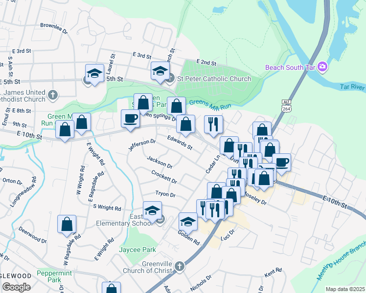 map of restaurants, bars, coffee shops, grocery stores, and more near 2806 Edwards St in Greenville