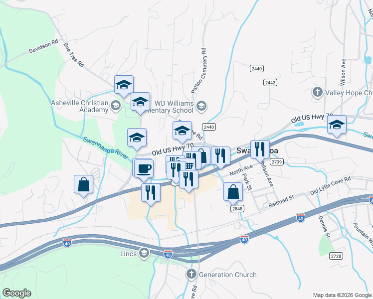 map of restaurants, bars, coffee shops, grocery stores, and more near 235 U.S. 70 in Swannanoa