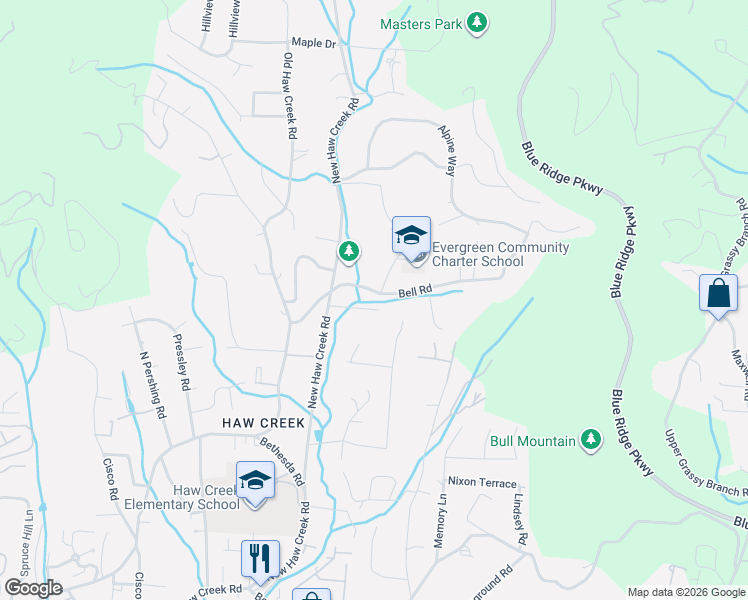 map of restaurants, bars, coffee shops, grocery stores, and more near 51 Bell Road in Asheville