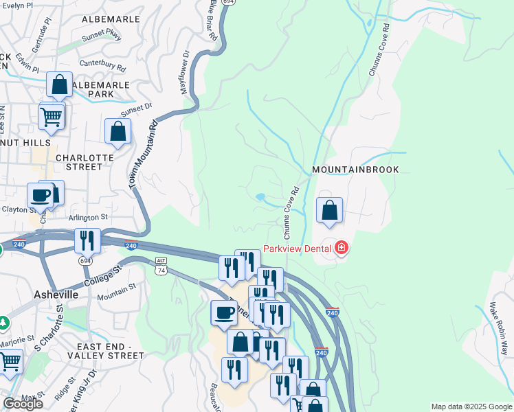 map of restaurants, bars, coffee shops, grocery stores, and more near 5 Rollingwood Road in Asheville