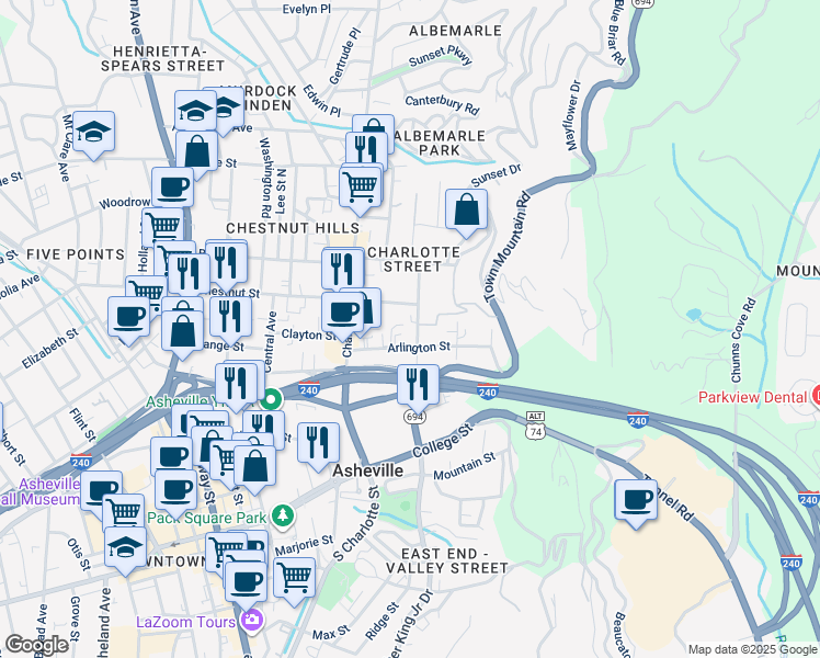 map of restaurants, bars, coffee shops, grocery stores, and more near 289 East Chestnut Street in Asheville