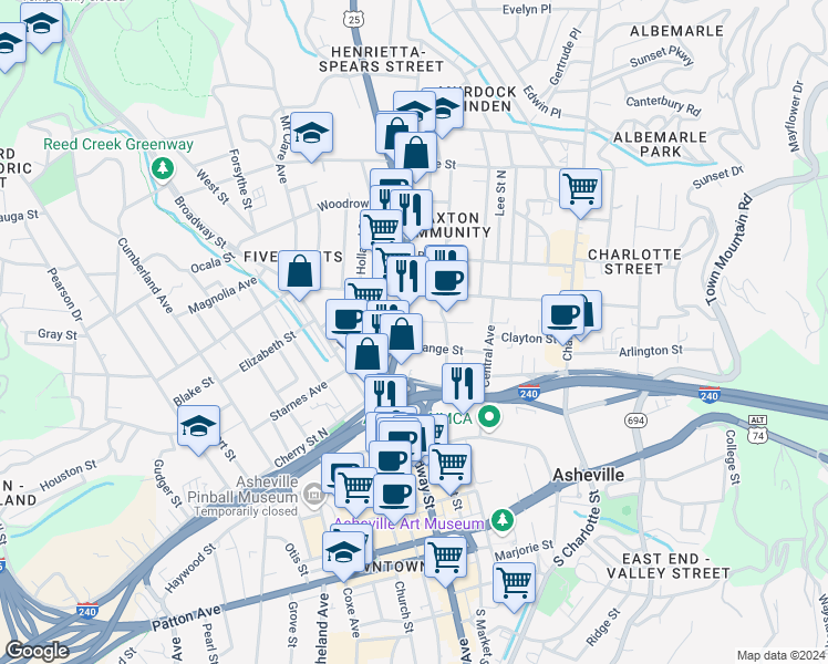 map of restaurants, bars, coffee shops, grocery stores, and more near 99 Merrimon Avenue in Asheville