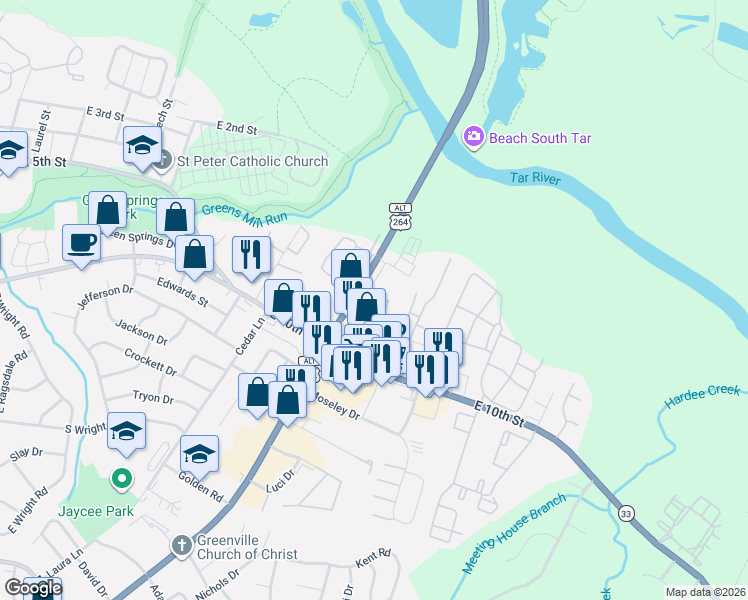 map of restaurants, bars, coffee shops, grocery stores, and more near 2230 Greenville Boulevard Northeast in Greenville