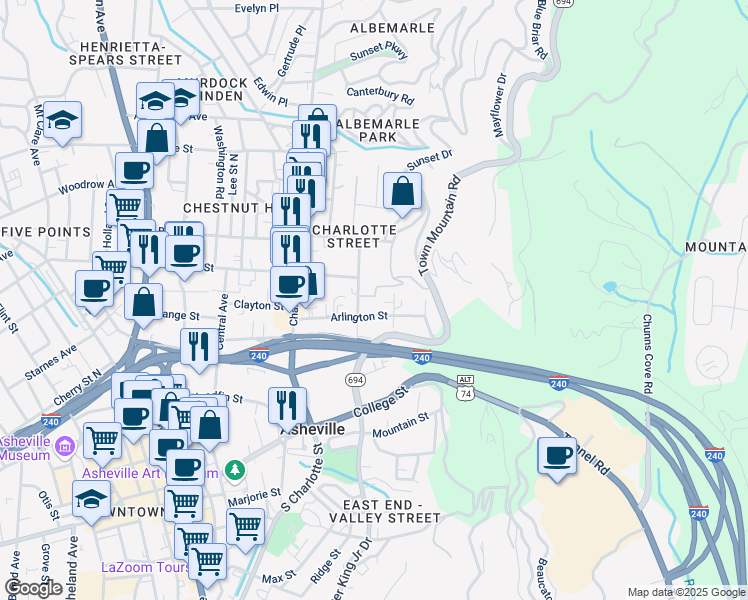 map of restaurants, bars, coffee shops, grocery stores, and more near 3 Oak Park Road in Asheville