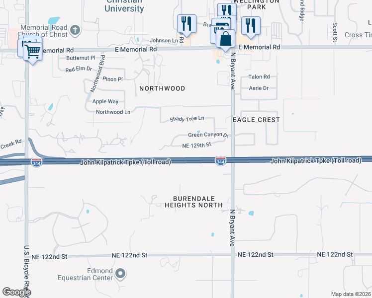map of restaurants, bars, coffee shops, grocery stores, and more near 2713 Northeast 129th Street in Edmond