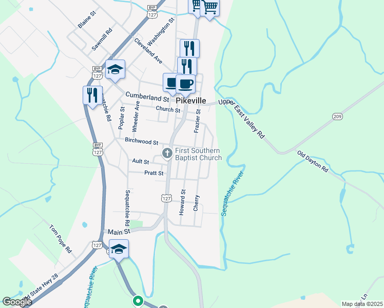map of restaurants, bars, coffee shops, grocery stores, and more near 191 East Legion Circle in Pikeville