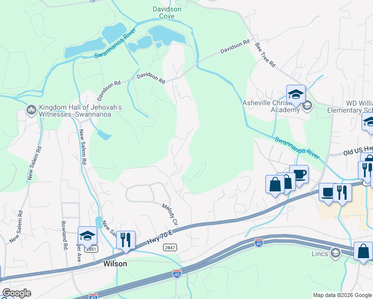 map of restaurants, bars, coffee shops, grocery stores, and more near 190 Jordan Road in Swannanoa