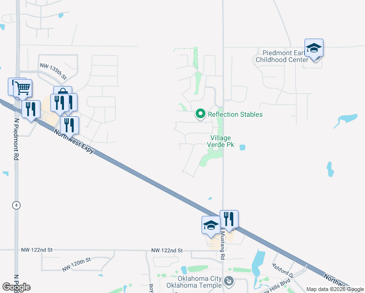 map of restaurants, bars, coffee shops, grocery stores, and more near 11516 Northwest 129th Street in Piedmont