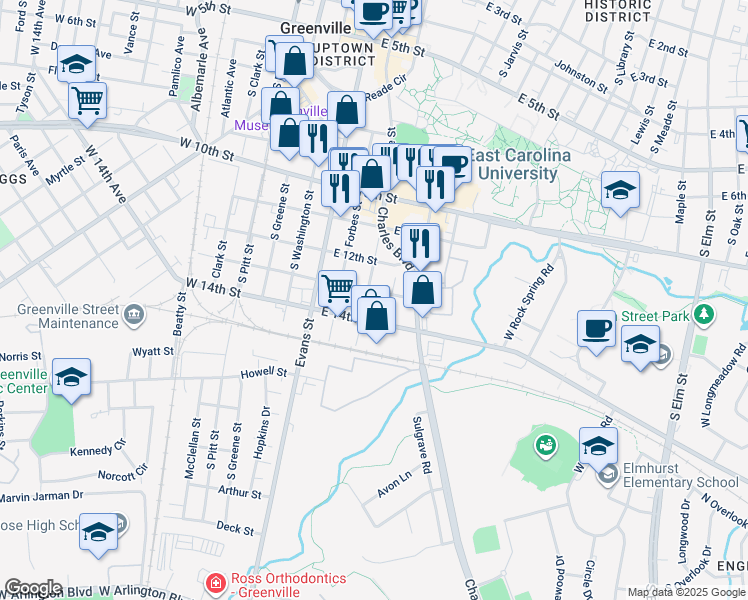 map of restaurants, bars, coffee shops, grocery stores, and more near 1303 Cotanche Street in Greenville