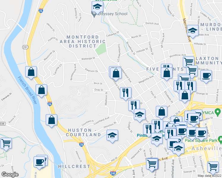 map of restaurants, bars, coffee shops, grocery stores, and more near 104 Pearson Drive in Asheville