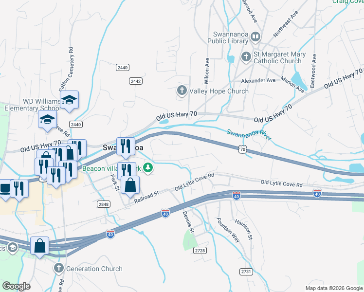map of restaurants, bars, coffee shops, grocery stores, and more near 156 Edwards Avenue in Swannanoa