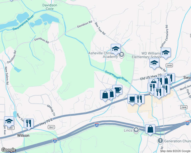 map of restaurants, bars, coffee shops, grocery stores, and more near 127 Franklin Road in Swannanoa