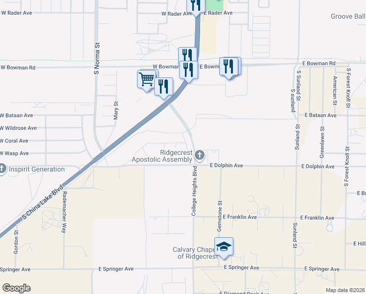 map of restaurants, bars, coffee shops, grocery stores, and more near 108 Barbara Avenue in Ridgecrest