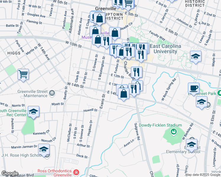 map of restaurants, bars, coffee shops, grocery stores, and more near 1306 Forbes Street in Greenville
