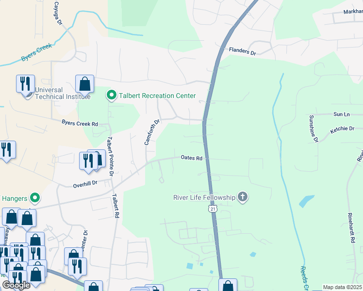 map of restaurants, bars, coffee shops, grocery stores, and more near 140 Oates Road in Mooresville