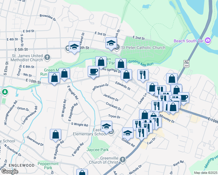 map of restaurants, bars, coffee shops, grocery stores, and more near 2702 Jefferson Drive in Greenville