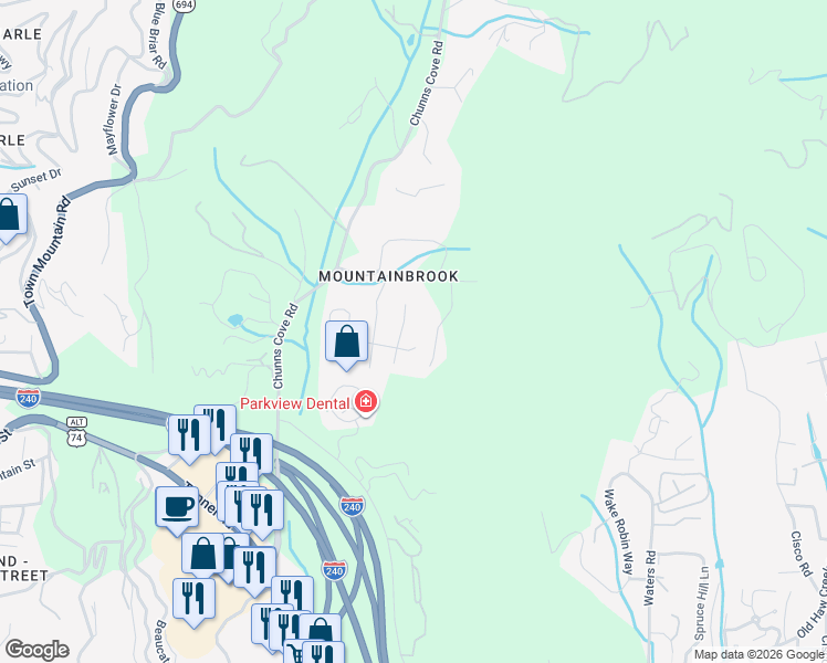 map of restaurants, bars, coffee shops, grocery stores, and more near 16 Rolling View Drive in Asheville