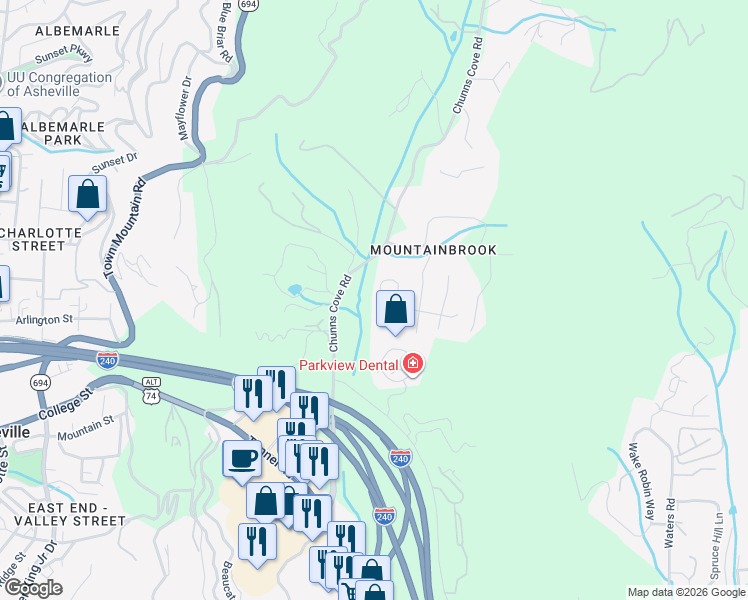 map of restaurants, bars, coffee shops, grocery stores, and more near 25 Craftsman Circle in Asheville