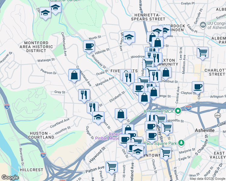 map of restaurants, bars, coffee shops, grocery stores, and more near 63 Woodlawn Avenue in Asheville