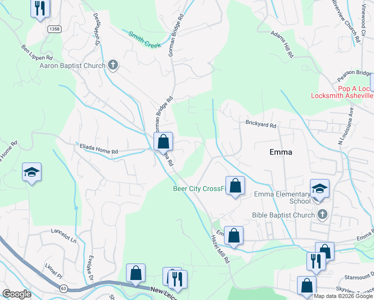 map of restaurants, bars, coffee shops, grocery stores, and more near 18 Sun Ridge Road in Asheville