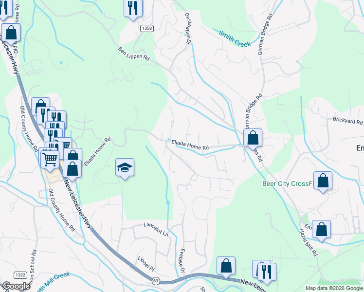 map of restaurants, bars, coffee shops, grocery stores, and more near 495 Eliada Home Road in Asheville
