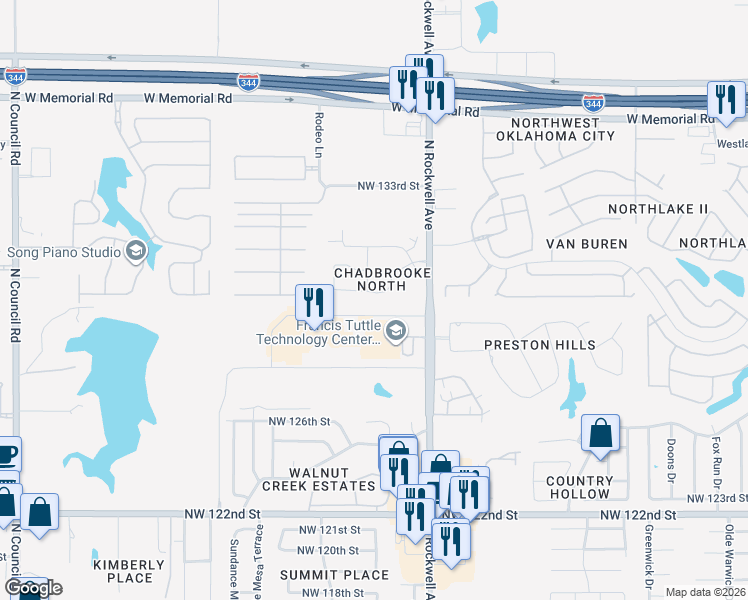 map of restaurants, bars, coffee shops, grocery stores, and more near 13000 Chadbrooke Place in Oklahoma City