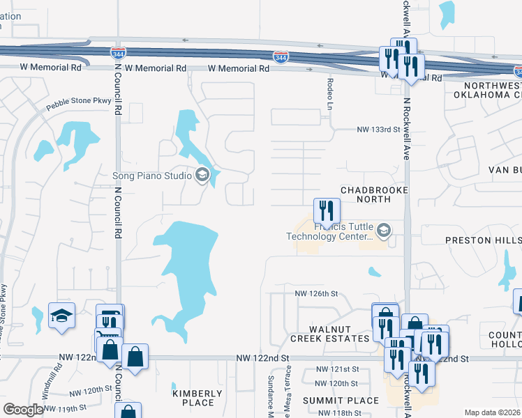 map of restaurants, bars, coffee shops, grocery stores, and more near 7533 Northwest 129th Street in Oklahoma City