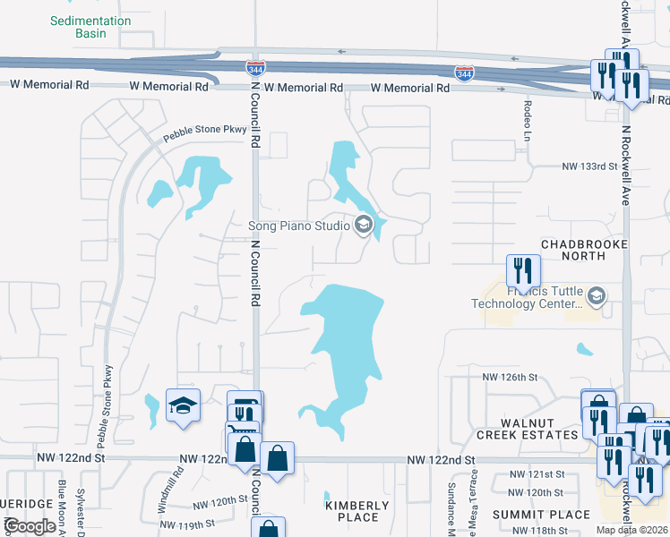 map of restaurants, bars, coffee shops, grocery stores, and more near 13100 Blue Canyon Drive in Oklahoma City
